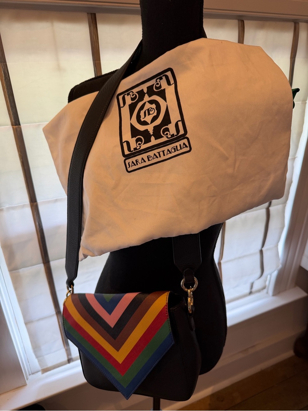 Sara Battaglia Black Leather Crossbody with Multicolor Chevron Flap